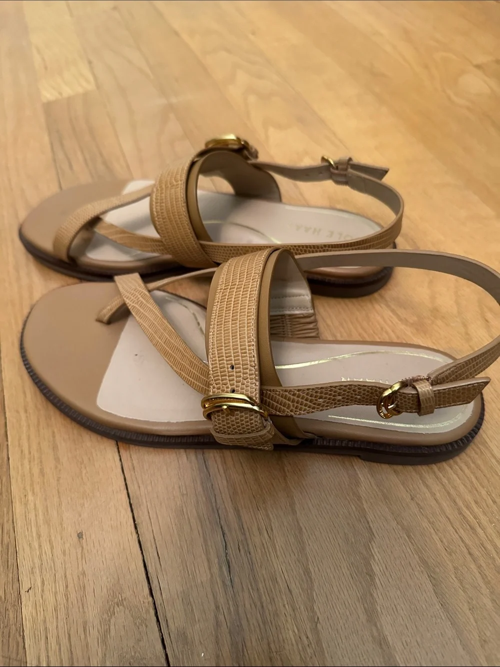 Cole Haan Tan Lizard-Texture Slingback Sandals with Gold Buckles